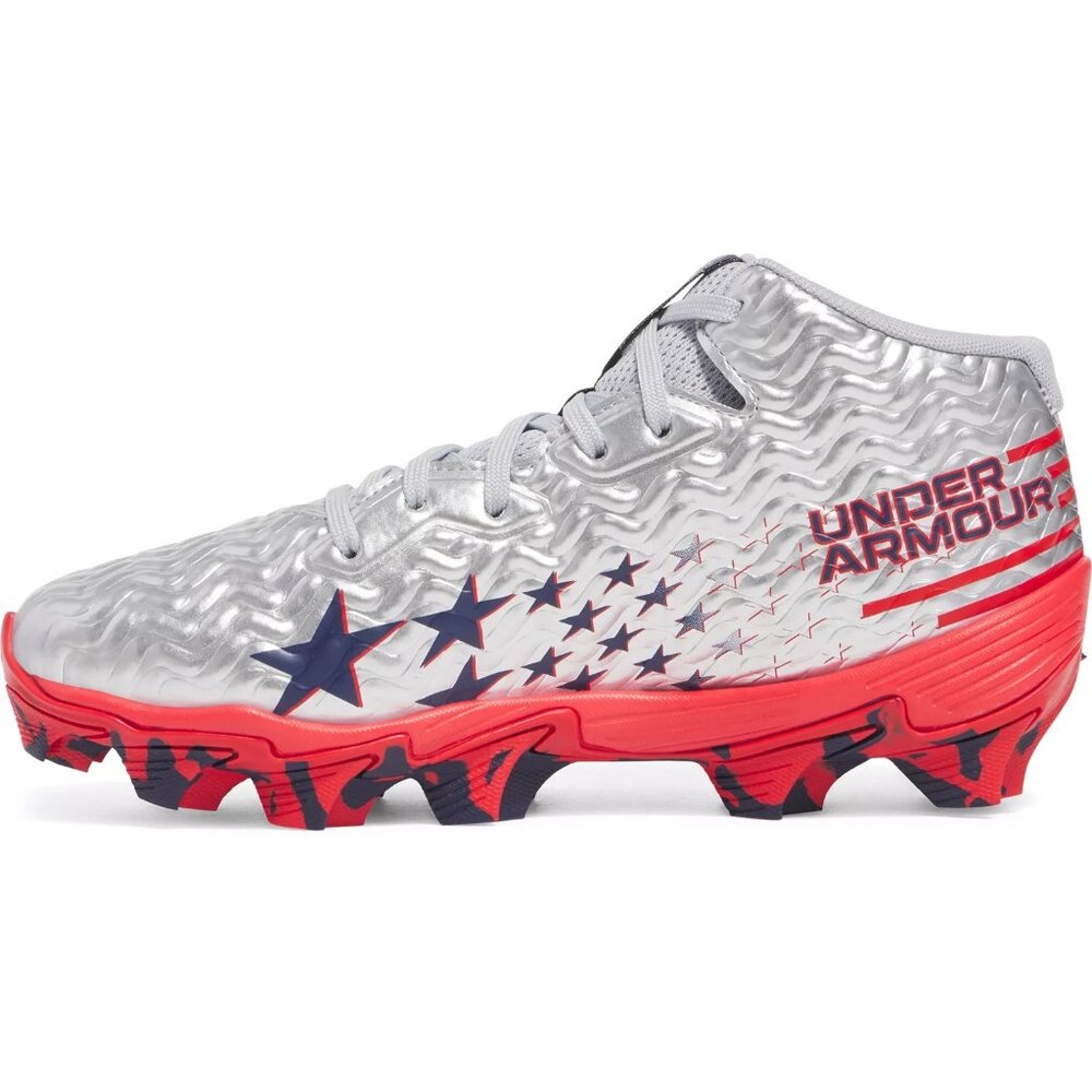 Under Armour Kids' Spotlight Hammer USA MC Football Cleats Size 6 Silver Red